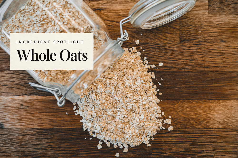 Real photograph of whole oats with a Ingredient Spotlight label.