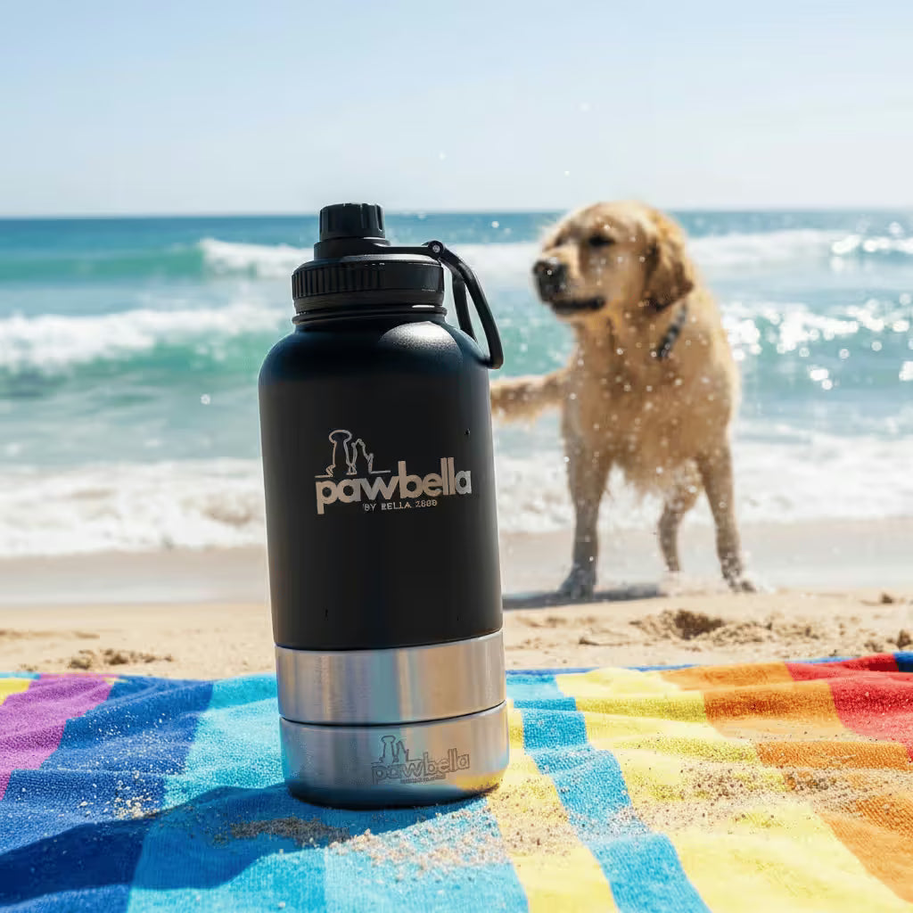A Pawbella 3-in-1 Dog Water Bottle 1L with Food Bowls rests on a colorful striped towel at an Australian beach, with a smiling golden retriever and a pet backpack by the waves in the background.
