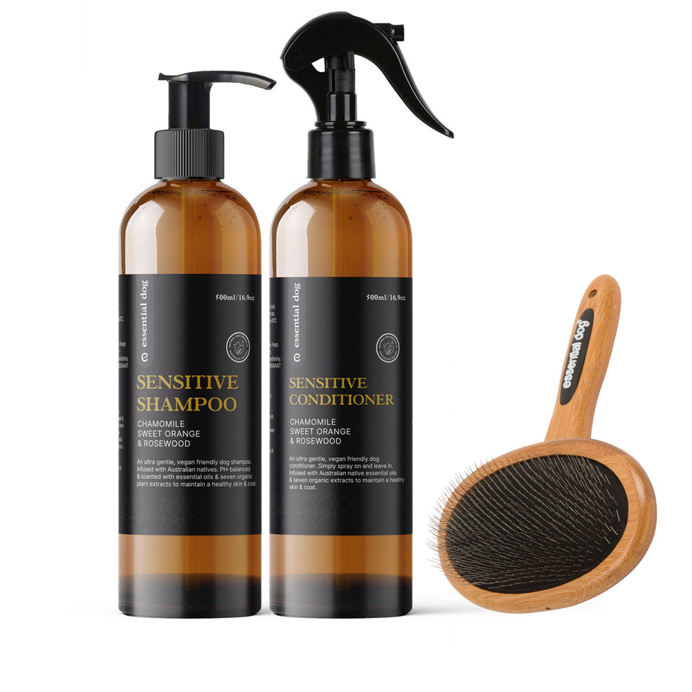 Coat Care Dog Grooming Bundle - Sensitive Shampoo, Conditioner & Slicker Brush