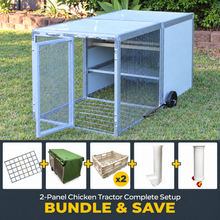 2-Panel Chicken Tractor Complete Setup Bundle including mesh floor, weather cover, nesting boxes, feeder and waterer