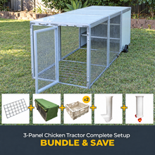 3-Panel Chicken Tractor Complete Setup Bundle including mesh floor, weather cover, nesting boxes, feeder and waterer