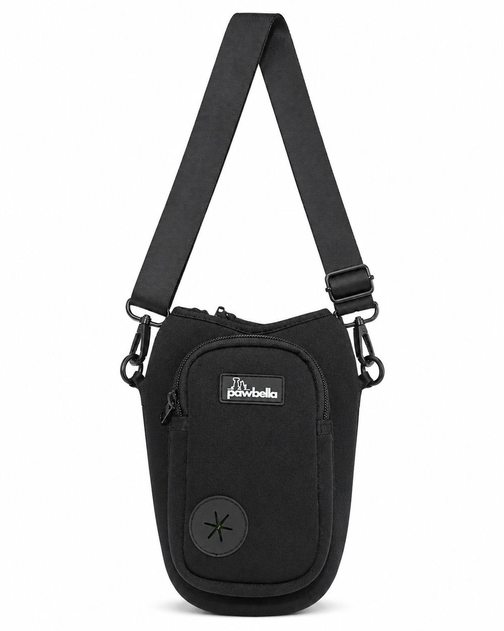 Black Pawbella dog water bottle holder bag with adjustable shoulder strap, zip pocket and poo bag dispenser port