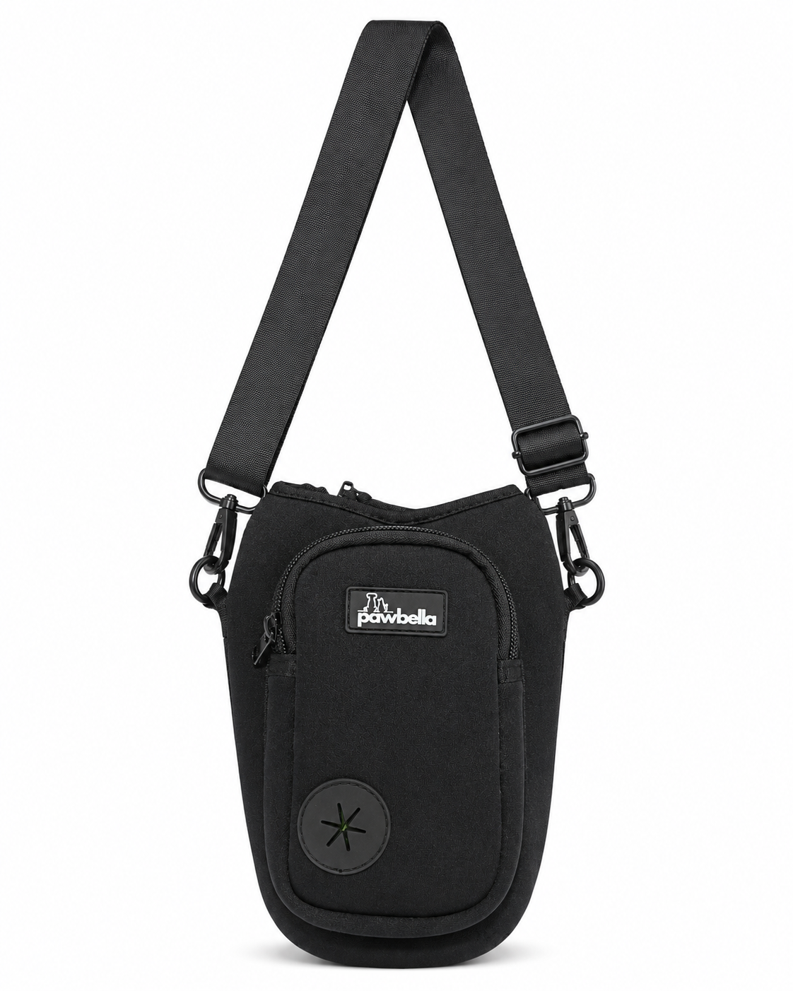 Black Pawbella dog water bottle holder bag with adjustable shoulder strap, zip pocket and poo bag dispenser port