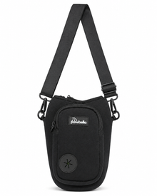 Black Pawbella dog water bottle holder bag with adjustable shoulder strap, zip pocket and poo bag dispenser port