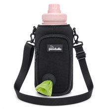 Pawbella dog water bottle holder bag with pink bottle, adjustable shoulder strap and poo bag dispenser