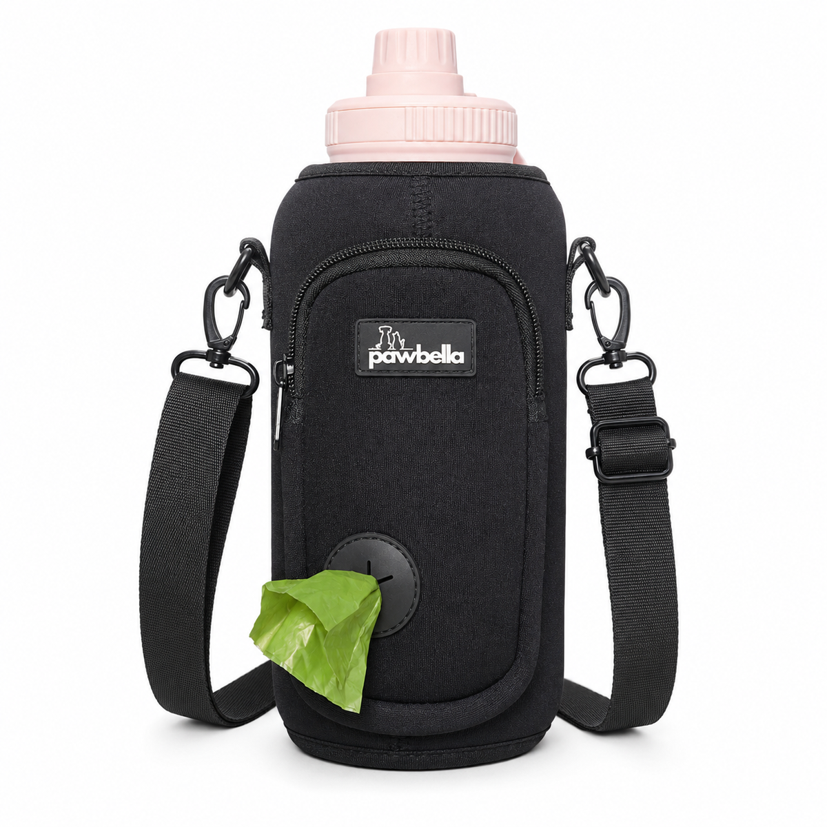Front view of Pawbella dog water bottle holder bag with zip pocket and poo bag dispenser