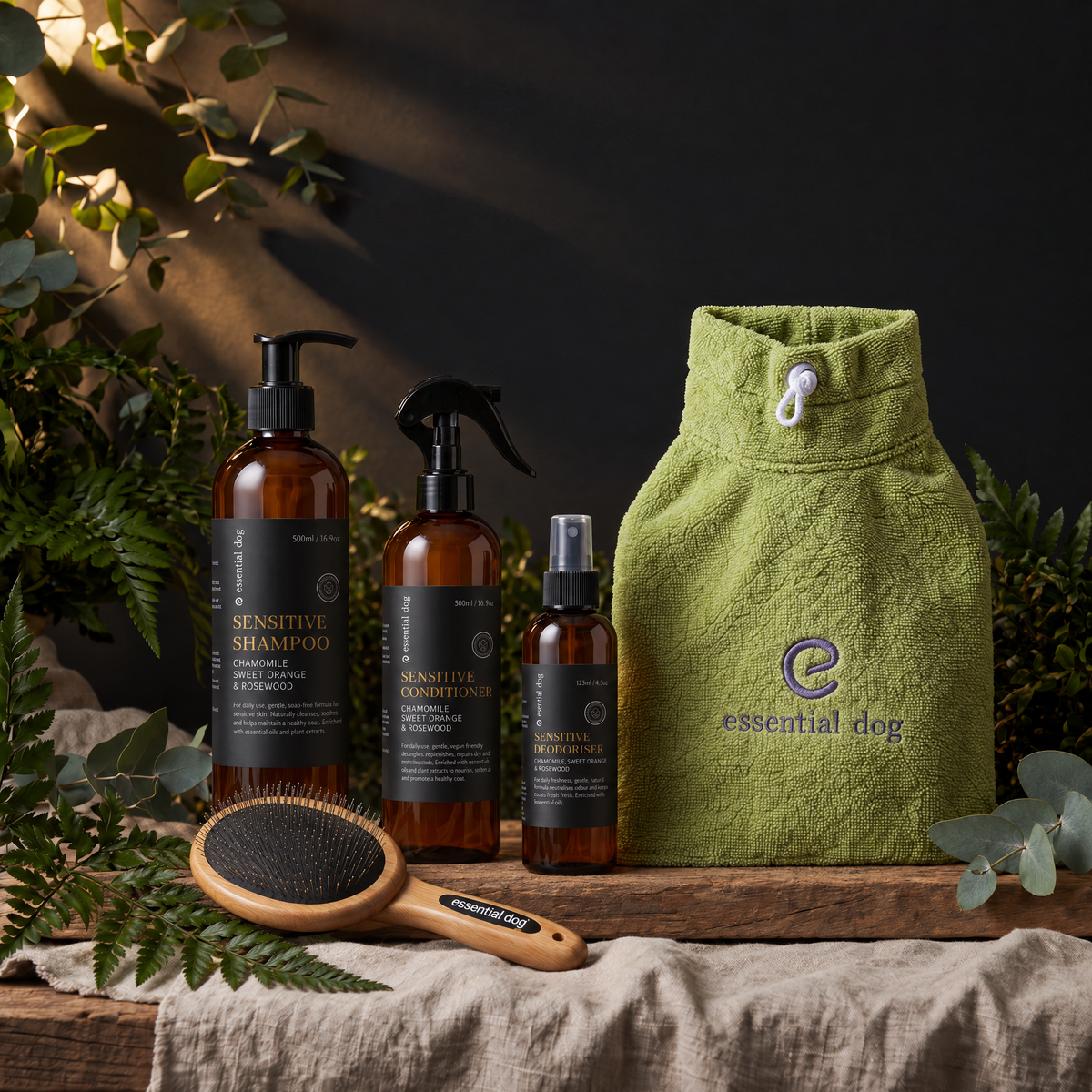 Bath Time Dog Grooming Bundle — 500ml Sensitive Shampoo, Conditioner, Bathrobe & Slicker Brush with its included products in an alternate arrangement on the original premium studio background.