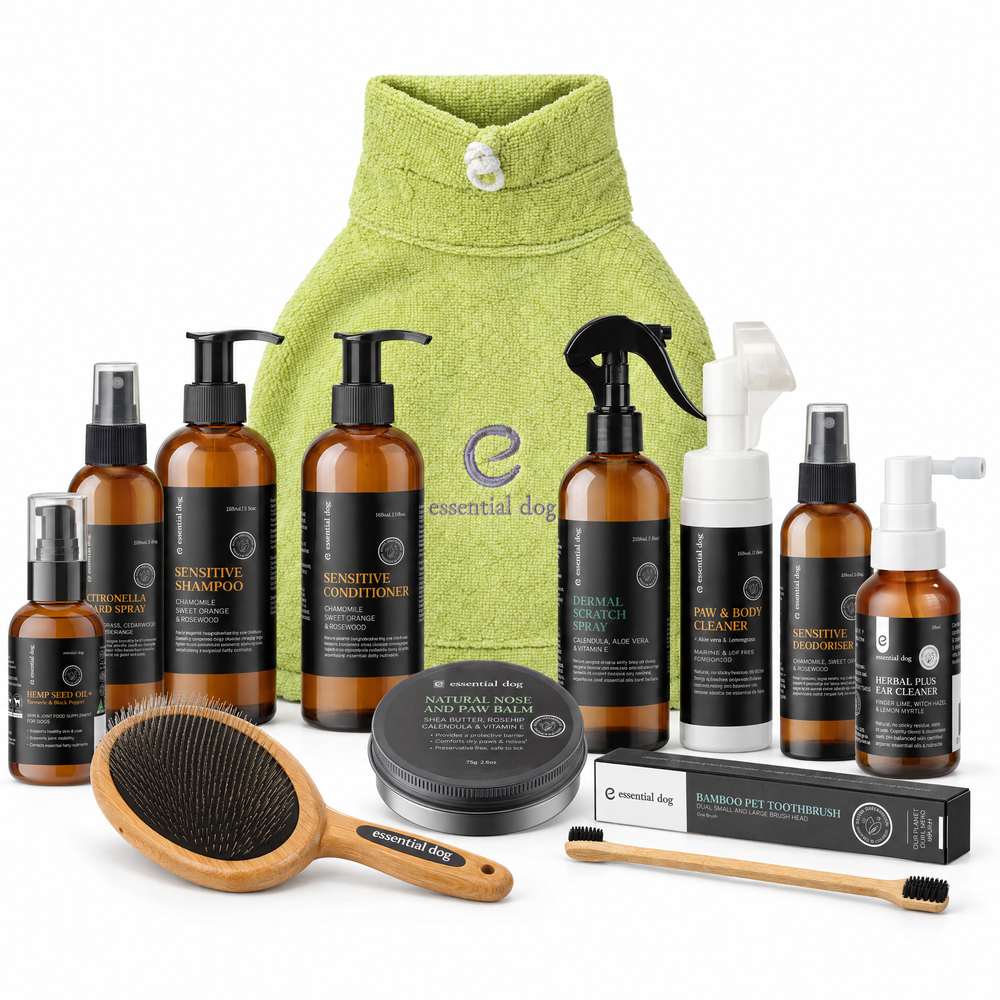 Complete Dog Care Bundle with its included dog care products on a clean white background.