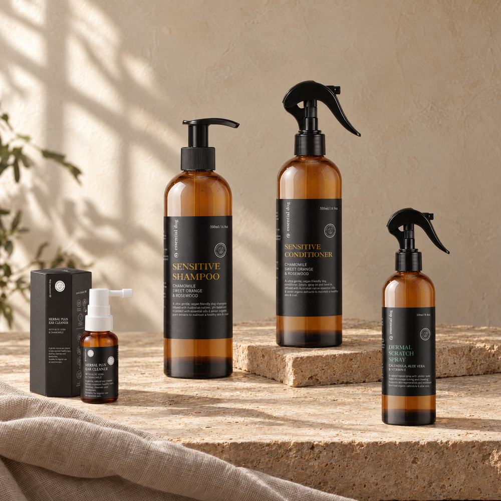 Complete Sensitive Care Bundle — 500ml Shampoo, Conditioner, Ear Cleaner & Dermal Scratch Spray in a grounded editorial tabletop scene with its included selected products.