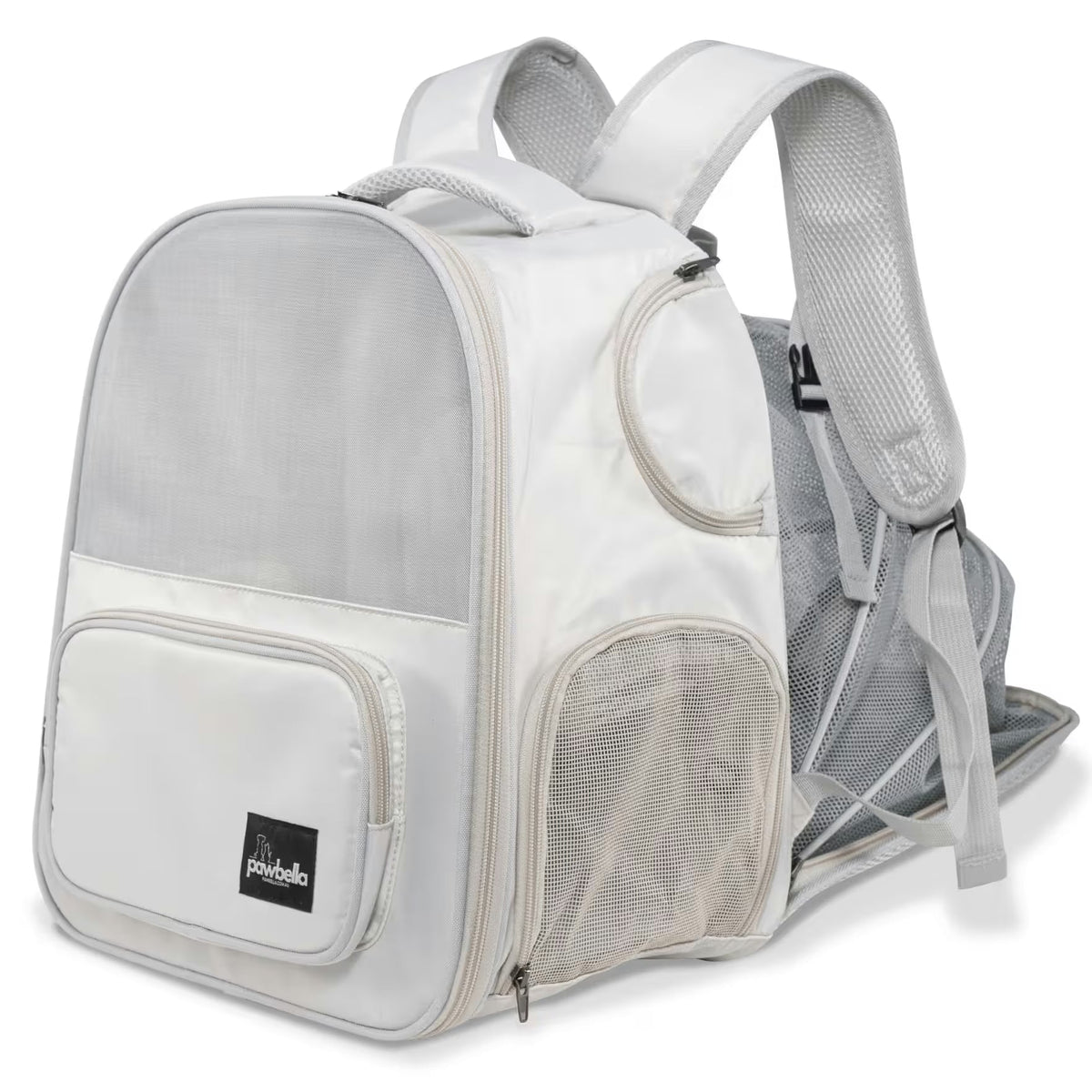 The Pawbella Expandable Lightweight Pet Backpack is white and gray with mesh sides, padded straps, a front pocket, and a "Pawbella" label. Its zippered front and mesh panels offer ventilation—ideal for travel in Australia.