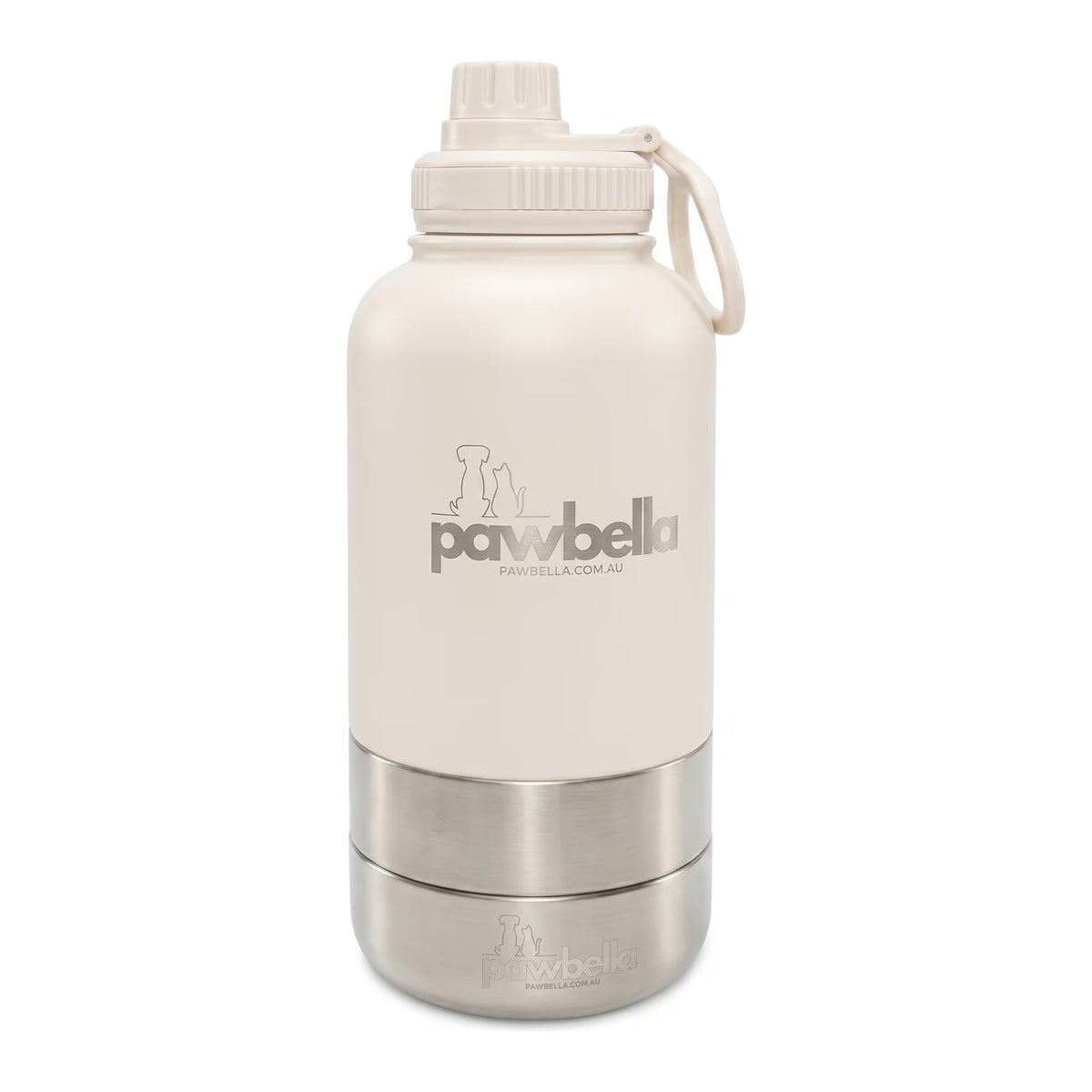 Pawbella 3-in-1 dog water bottle 1L in cream — insulated stainless steel travel bottle with screw-on cap, carry handle and two detachable food and water bowls.
