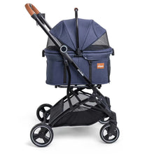 The Pawbella Essential Pet Stroller, designed for small dogs and cats up to 20kg, features a navy blue design with mesh canopy, brown handle accents, and black wheels—ideal for Aussie families and pet lovers. Brand: Pawbella.