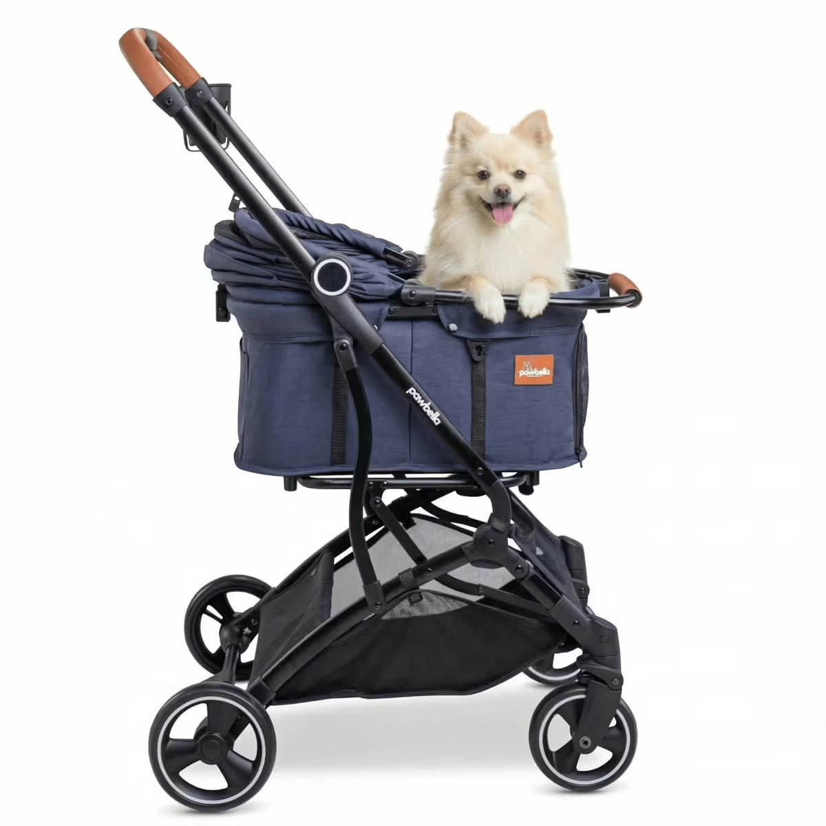A small fluffy dog sits happily in the Pawbella Essential Pet Stroller—lightweight with black wheels and brown handles—ideal for outings with small dogs or cats up to 20kg in Australia.
