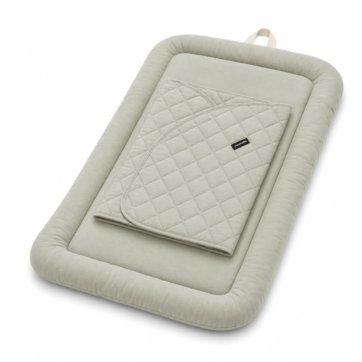 Side angle of the khaki Pawbella Essential Pet Stroller plush cushion set