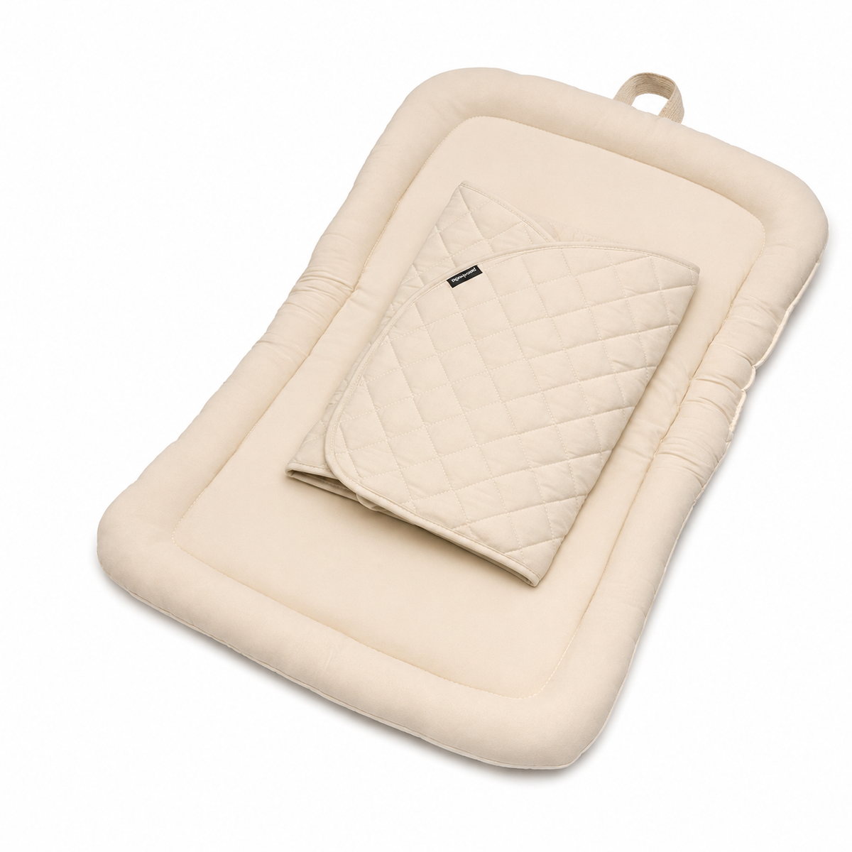 Beige Pawbella pet stroller plush cushion set with quilted magnetic cover, angled product view