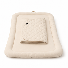 Front view of the beige Pawbella pet stroller plush cushion set with raised cushioned edge