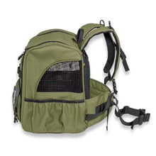 The Pawbella Outback Explorer is an olive green, heavy-duty pet backpack (12kg max) with mesh ventilation, zippered compartments, padded straps, and adjustable waist belt—ideal for carrying small animals on Aussie adventures.