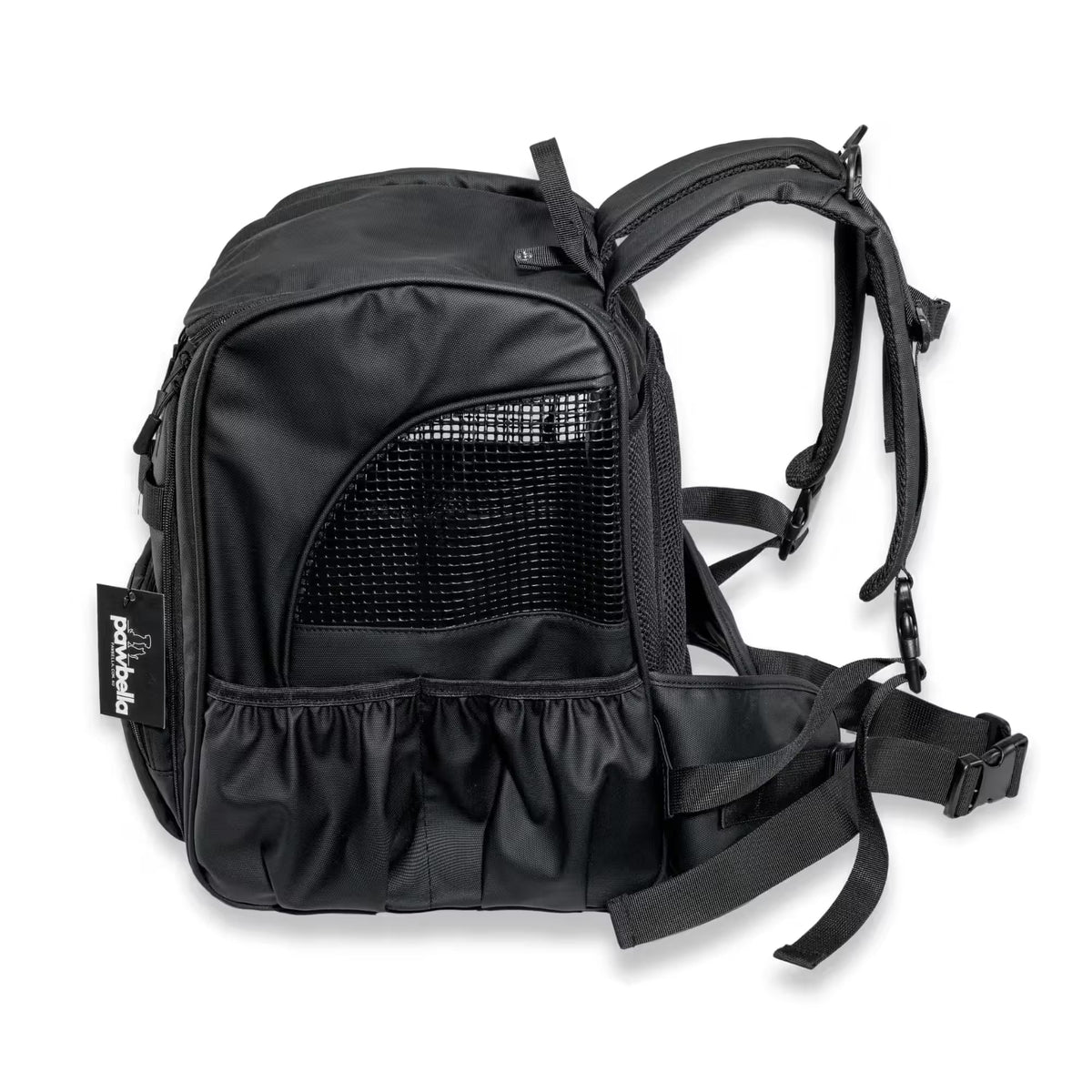 The Pawbella Outback Explorer Heavy Duty Pet Backpack (12kg max) features mesh side panels, elastic pockets, padded shoulder straps, and a waist belt—ideal for carrying pets or small animals on Aussie adventures.