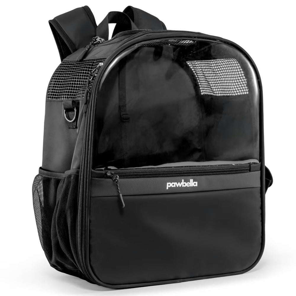 The Pawbella Panorama XL | Bubble Pet Carrier Backpack (10kg max) features a clear front, mesh side and top vents, zippered front pocket, and padded straps—making it perfect for stylish pet travel across Australia.
